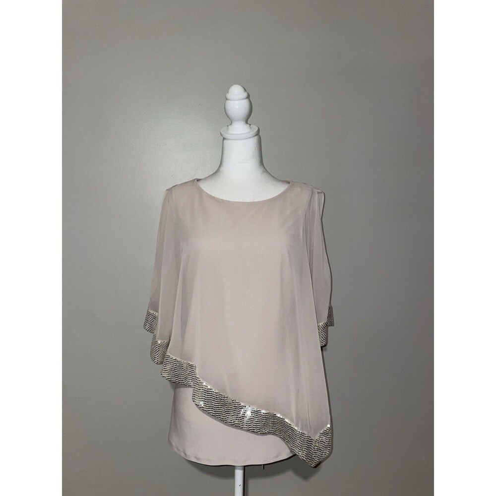 Prelude Women's Size Medium Taupe Asymmetric Chiffon Sequin Layered Blouse Top